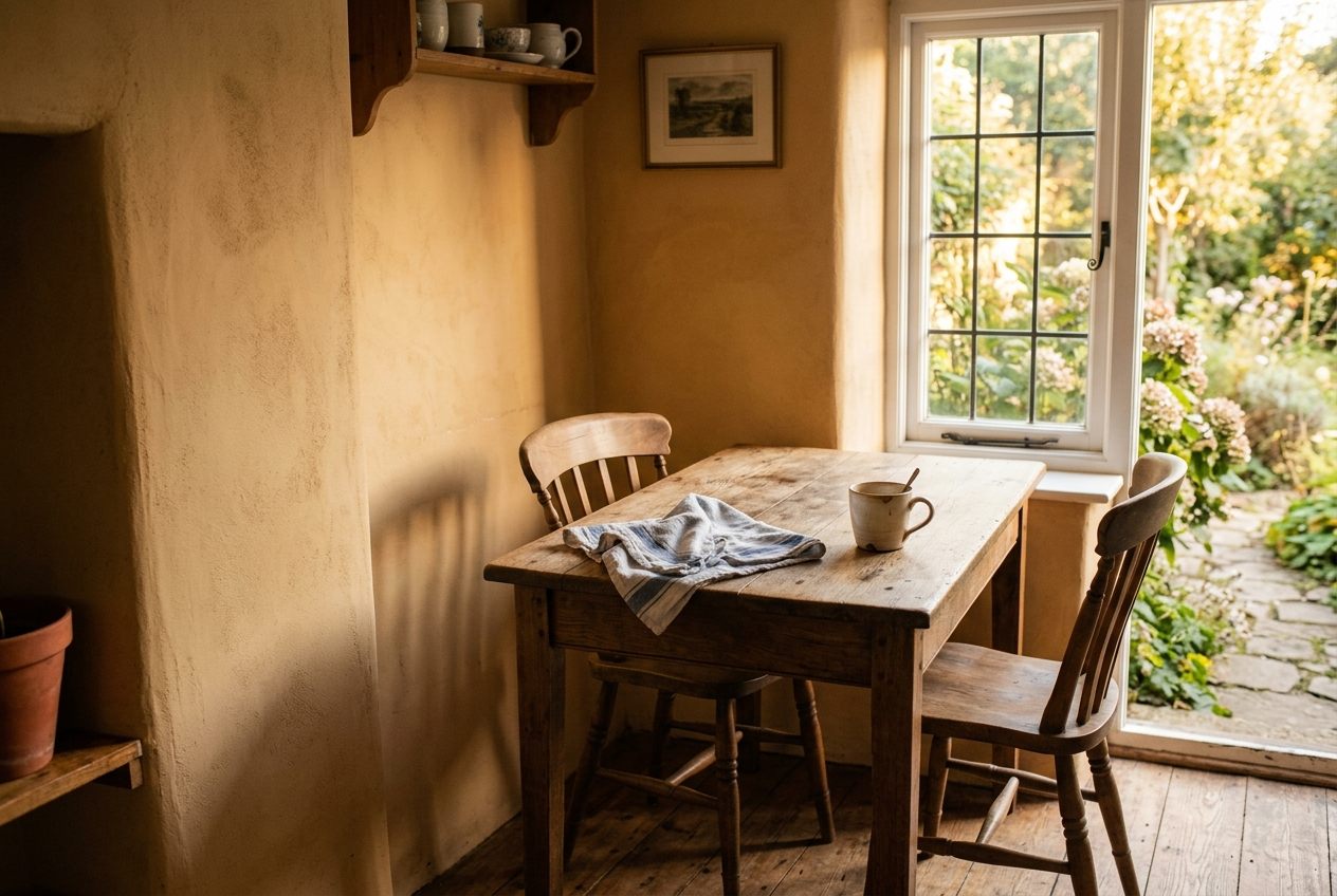 A kitchen table by a window in late light.