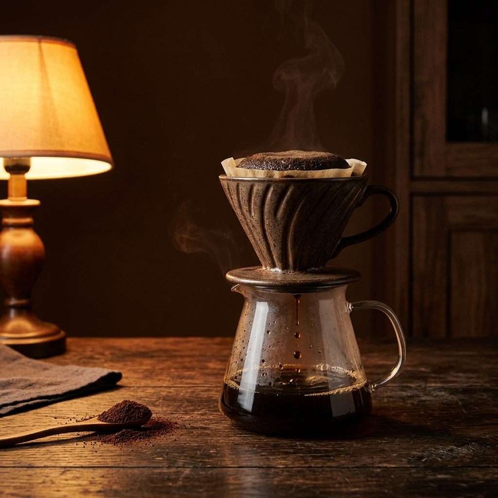 A pour over brewing at night in warm lamplight.