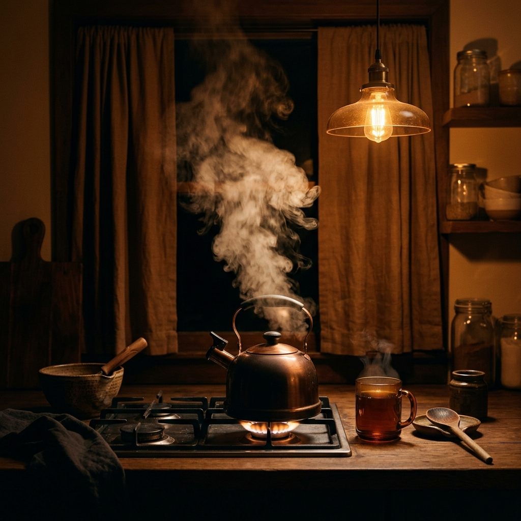 Steam from a kettle in a warm dark kitchen.