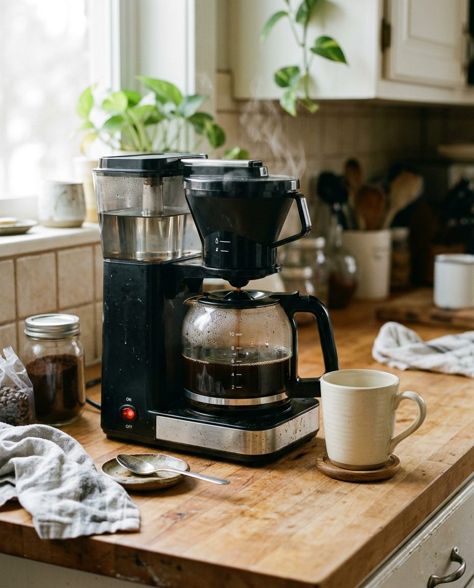 An ordinary drip machine mid-brew in a home kitchen.