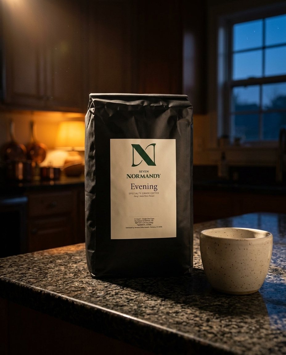 Evening coffee bag on a stone counter at dusk.