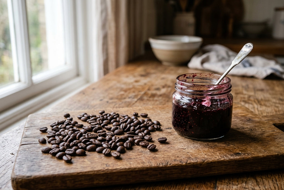Natural-process beans beside a jar of fruit preserve.