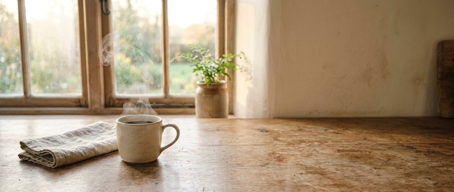 A kitchen counter at first light: one mug, steam, a folded linen cloth.